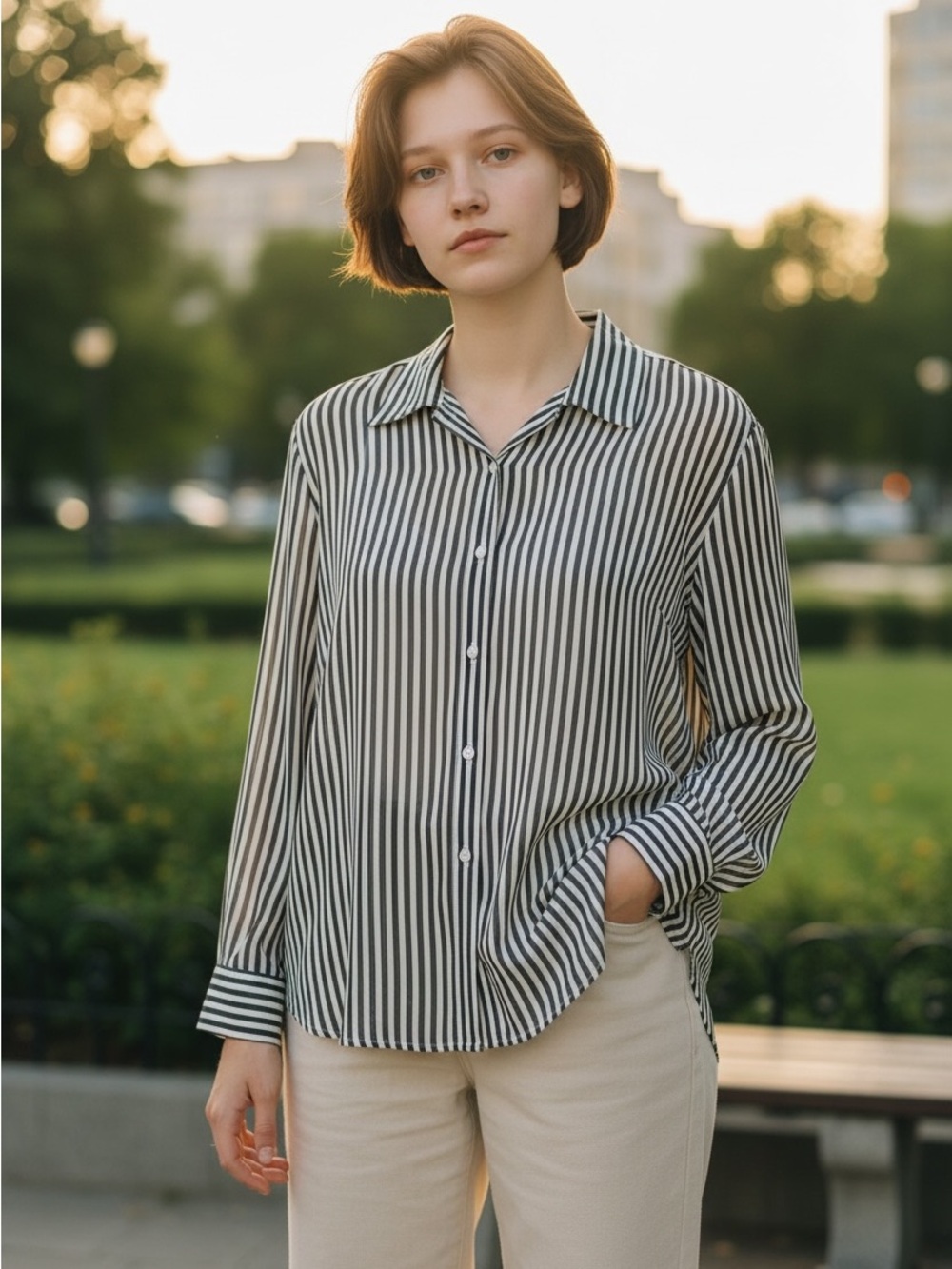 Ann Taylor Women’s Black and White Vertical Stripe Button-Up Silk Blouse